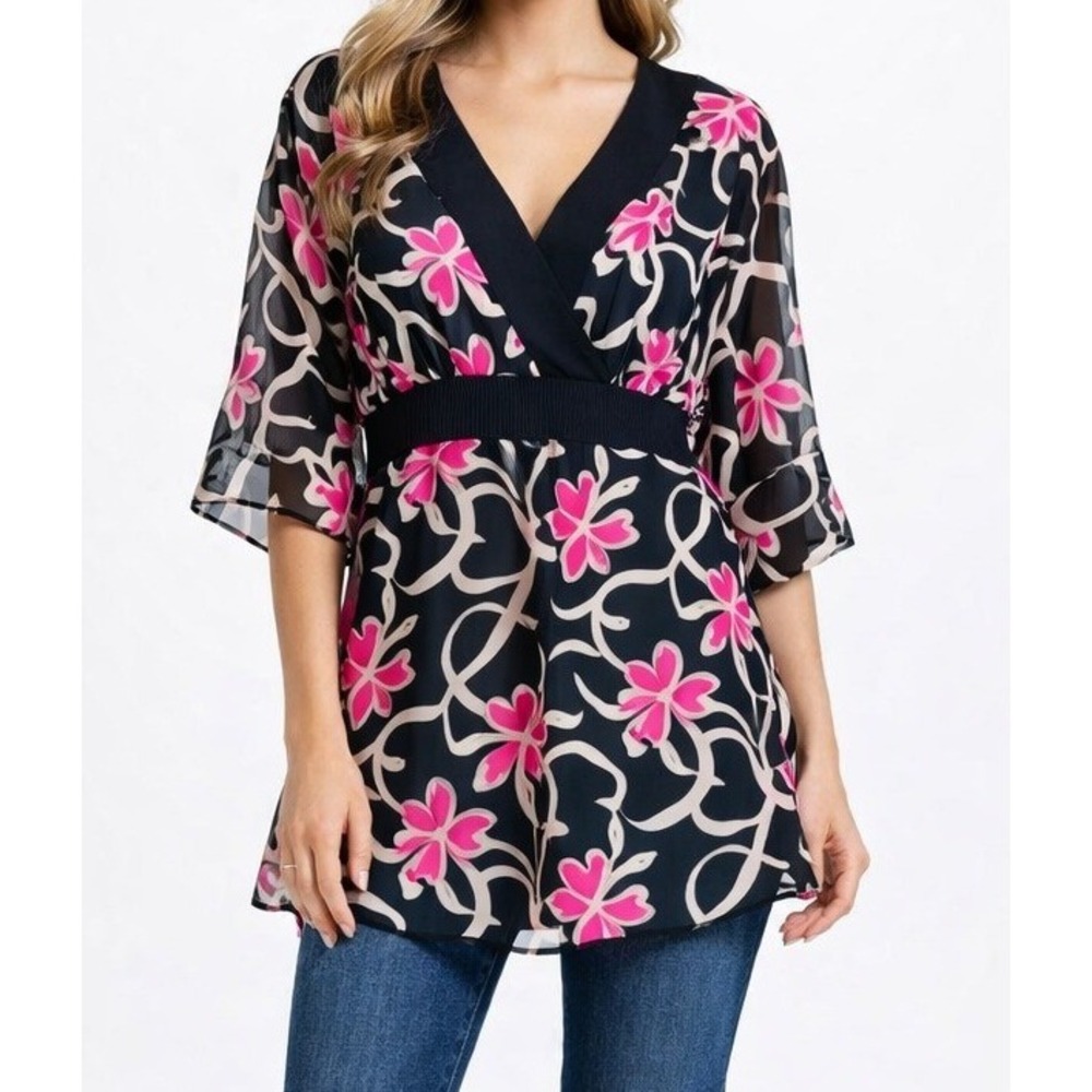 Y2K Sheer Chiffon Empire Waist Tunic Top Large Floral Boho Festival Whimsical